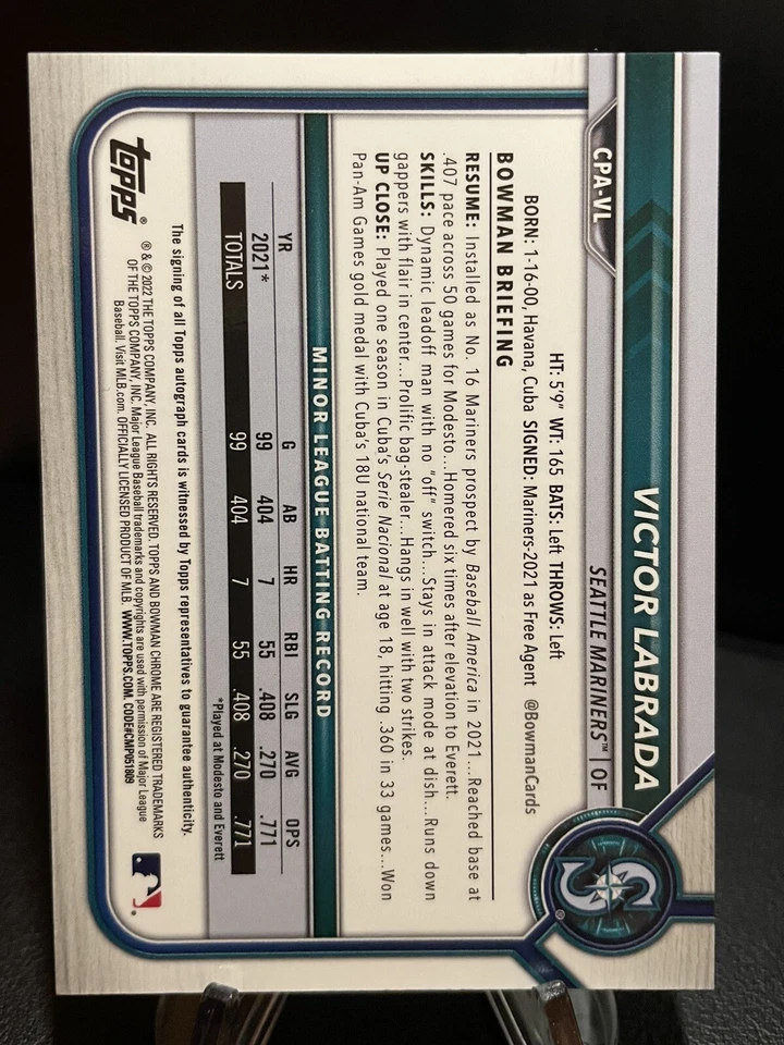2022 Bowman Chrome VICTOR LABRADA 1st Gold Shimmer Refractor Auto /50 Mariners - Image 2 of 2