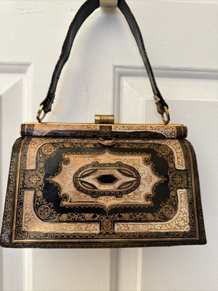 Bolsa de couro vintage estampada feita na Itália folha de ouro preto/branco retrô com espelho - Imagem 2 de 4