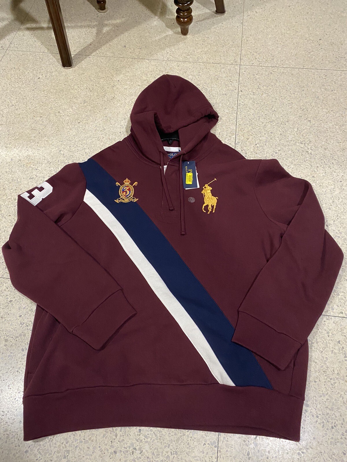 Felpa con cappuccio pullover Polo Ralph Lauren da uomo striscione grande pony vino rosso oro 2XL
