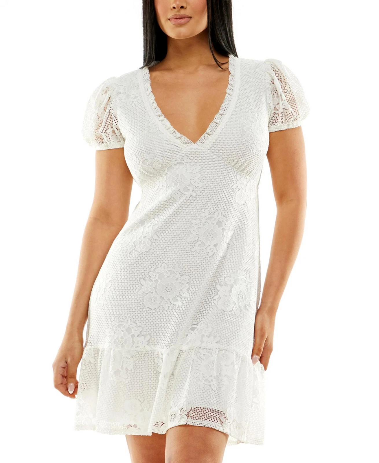 OFF WHITE Abito pullover foderato con volant in pizzo avorio senza parole manica pouf scollo a V S