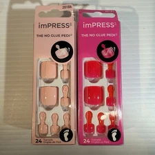 Kiss Impress Press-On Pedicure Toenails Hot Pink & Peach 24 Nails Each Lot of 2