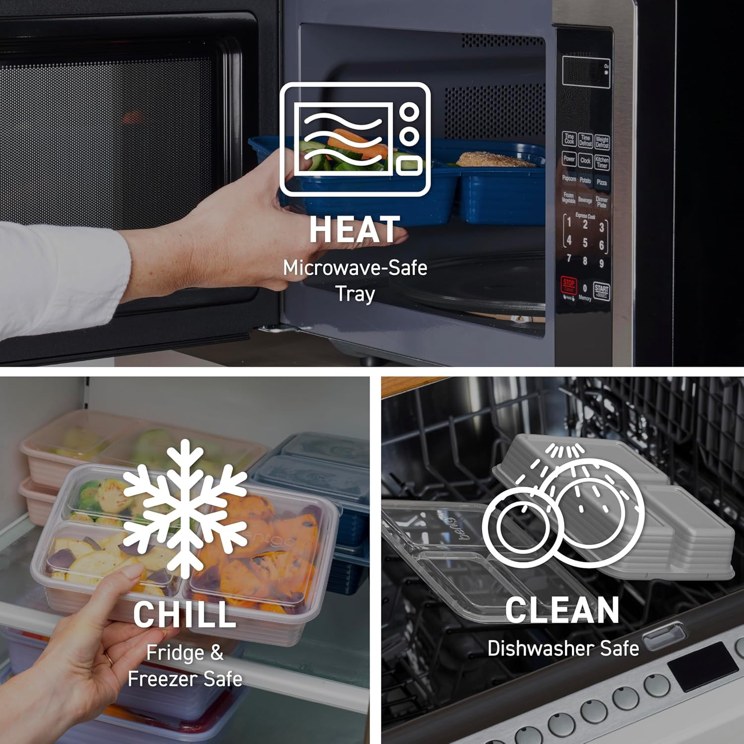 Prep - 20-Piece 3-Compartment Reusable Meal Prep Containers with Lids, PFAS & BP