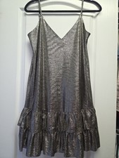 FOREVER 21 Metallic Silver Ruffle Mini Slip Dress Size L Sleeveless V-Neck