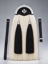 Horse Hair Sporran White Hair Thistle Badge Black Tassels Scottish Piper Sporran