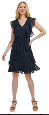 Tommy Hilfiger Womens Navy Blue Ruffled Dot Chiffon Fit & Flare Dress Sz 10 $129