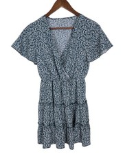 Shein Size Small Green White Floral Faux V-Neck Wrap Tiered Flutter Sleeve Dress