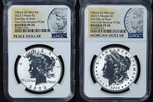 2023-S Morgan & Peace Silver Dollar 2-Coin Reverse Proof Set NGC Rev PF70 STOCK
