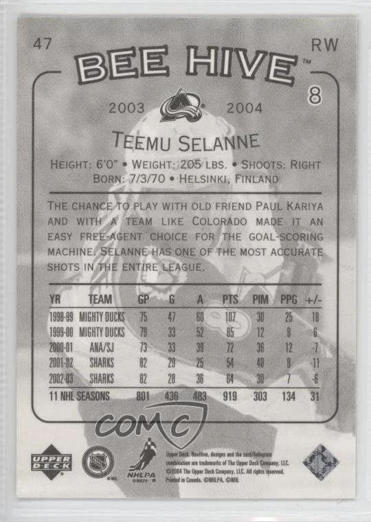 2003-04 Upper Deck Bee Hive UD Promo Teemu Selanne #47 HOF - Image 2 of 2