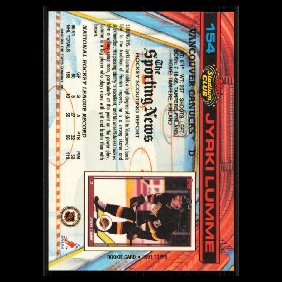 Jyrki Lumme #154 1991 Topps Stadium Club Vancouver Canucks Hockey Card NHL NM - Image 2 of 3
