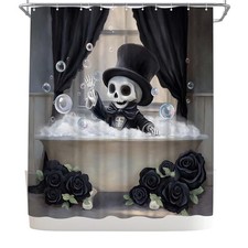 72x72 Black Gothic Shower Curtain Skull Rose Flower Print Funny Skeleton