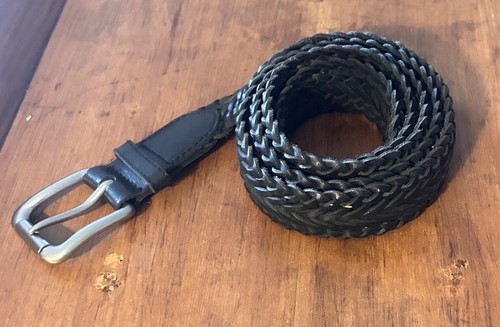 Echtleder geflochten schwarz breiter Gürtel schwere silberne Schnalle Größe 50/52 Unisex - Bild 3 von 6