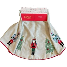 Kensie Home Nutcracker Embroidered Christmas Tree Skirt 54in Linen & Cotton New