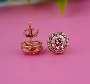 Authentic Round Cut Simulated Peach Morganite Halo Stud Earrings In 14k Rose Gold Plated