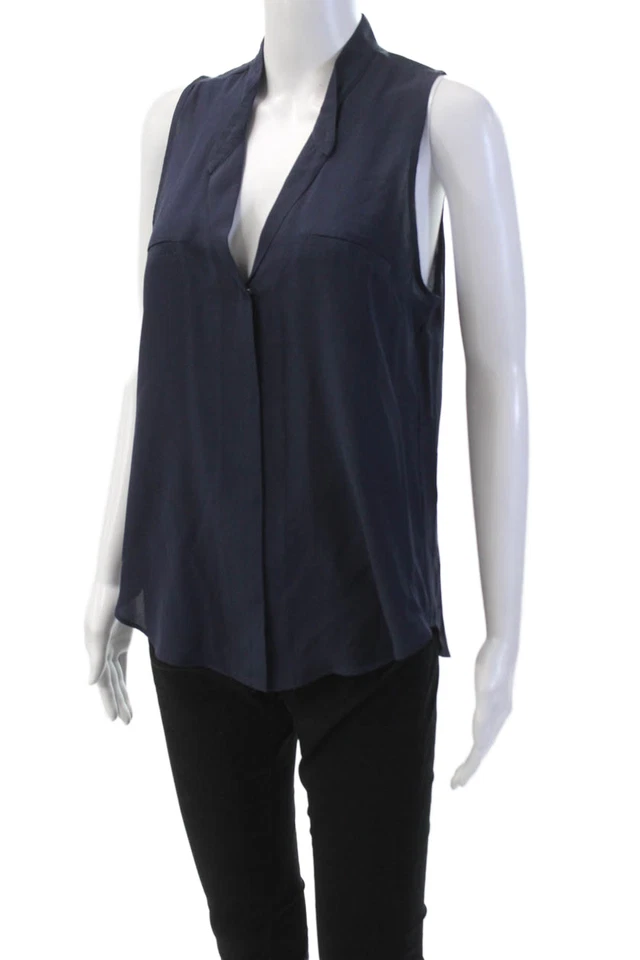 Blusa Top Azul Rory Beca Mujer Seda Sin Mangas Cuello en V Con Botones Talla S Foto 2 de 4