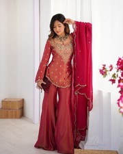 Sequin embroidered palazzo suit with dupatta set for women wedding and festive