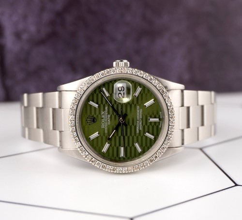 Rolex Date 34mm Ladies 1.5ct Prong Diamonds Green Motif Dial Steel Watch 15000 - Picture 2 of 11