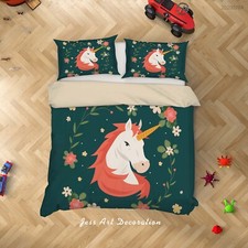 3D Unicorn Floral Kids Green Quilt Cover Set Duvet Cover Bedding Pillowcases