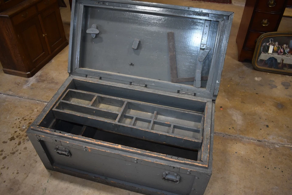 Baú de ferramentas antigo de madeira para carpinteiro, caixa de ferramentas baú cinza - Imagem 4 de 4