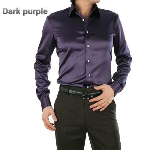 Hommes Faux Satin Soie Chemise Manches Longues Bouton Affaires Habillé Paillette - Picture 13 of 18