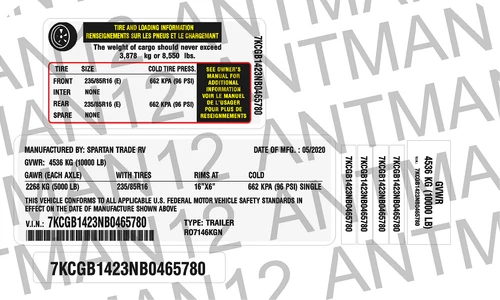 Vin #Number Label RV Trailer Tire Pressure Decal 3M Professional High Tack Vinyl