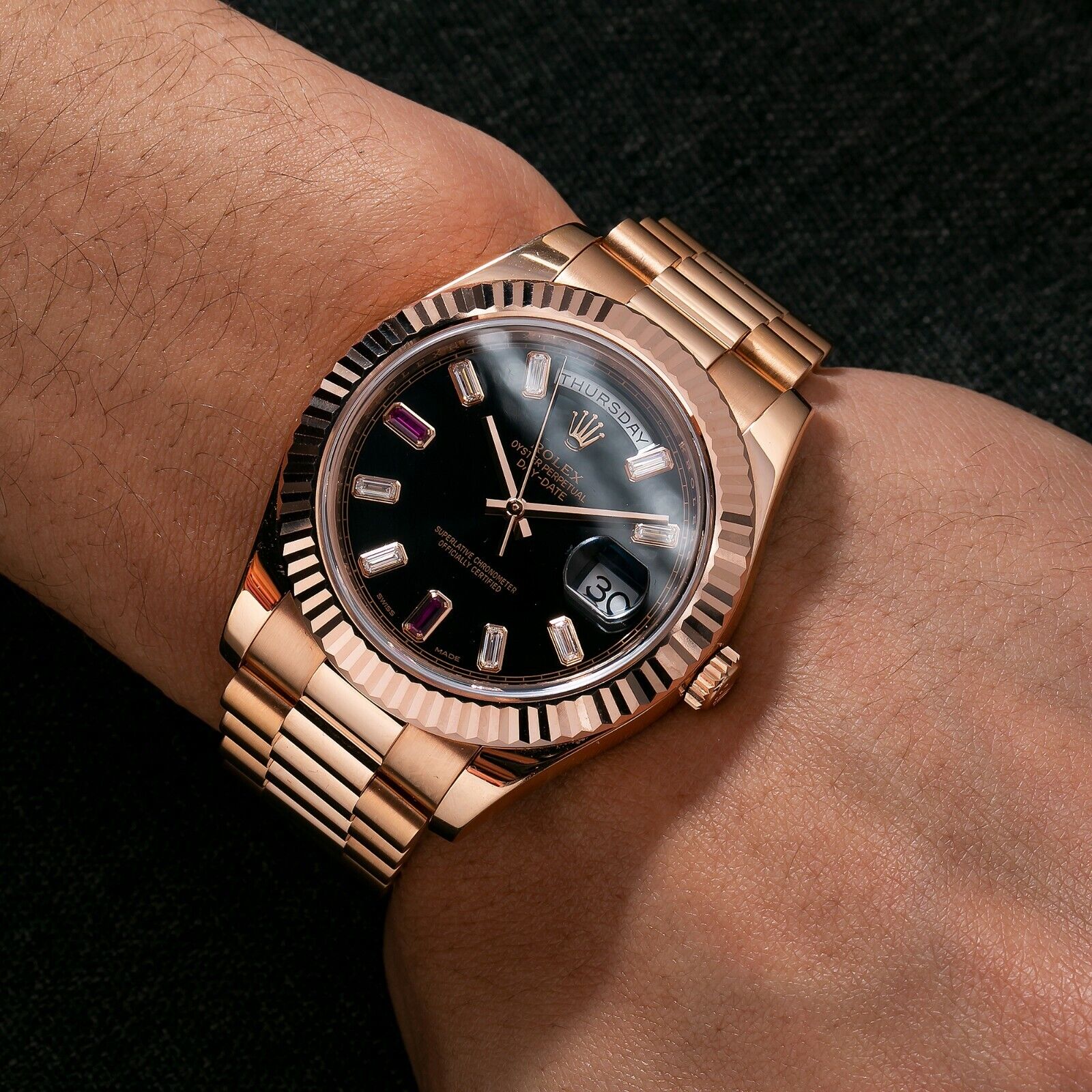 Rolex Day-Date Ii 41Mm 218235 Black Diamond And Ruby Dial Rose Gold Band |  Ebay