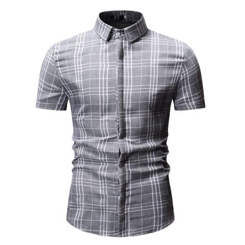 Men's Casual Plaid Short-Sleeved Shirt: 85% Cotton, Stand-Up Collar, Regular Fit - Picture 7 of 20