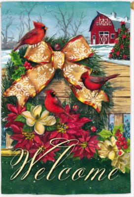NEW LG EVERGREEN MEADOW CREEK WELCOME FLAG CARDINALS WREATH FENCE 29X43 2 SIDED