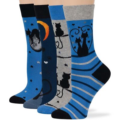 Women Cotton Crew Socks-4 Pack Medium- Cat Love Heart Moon-Navy Blue Grey