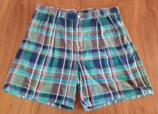 Vintage Polo Ralph Lauren Shorts Mens 36 Linen Blue Plaid Pleated Made In USA