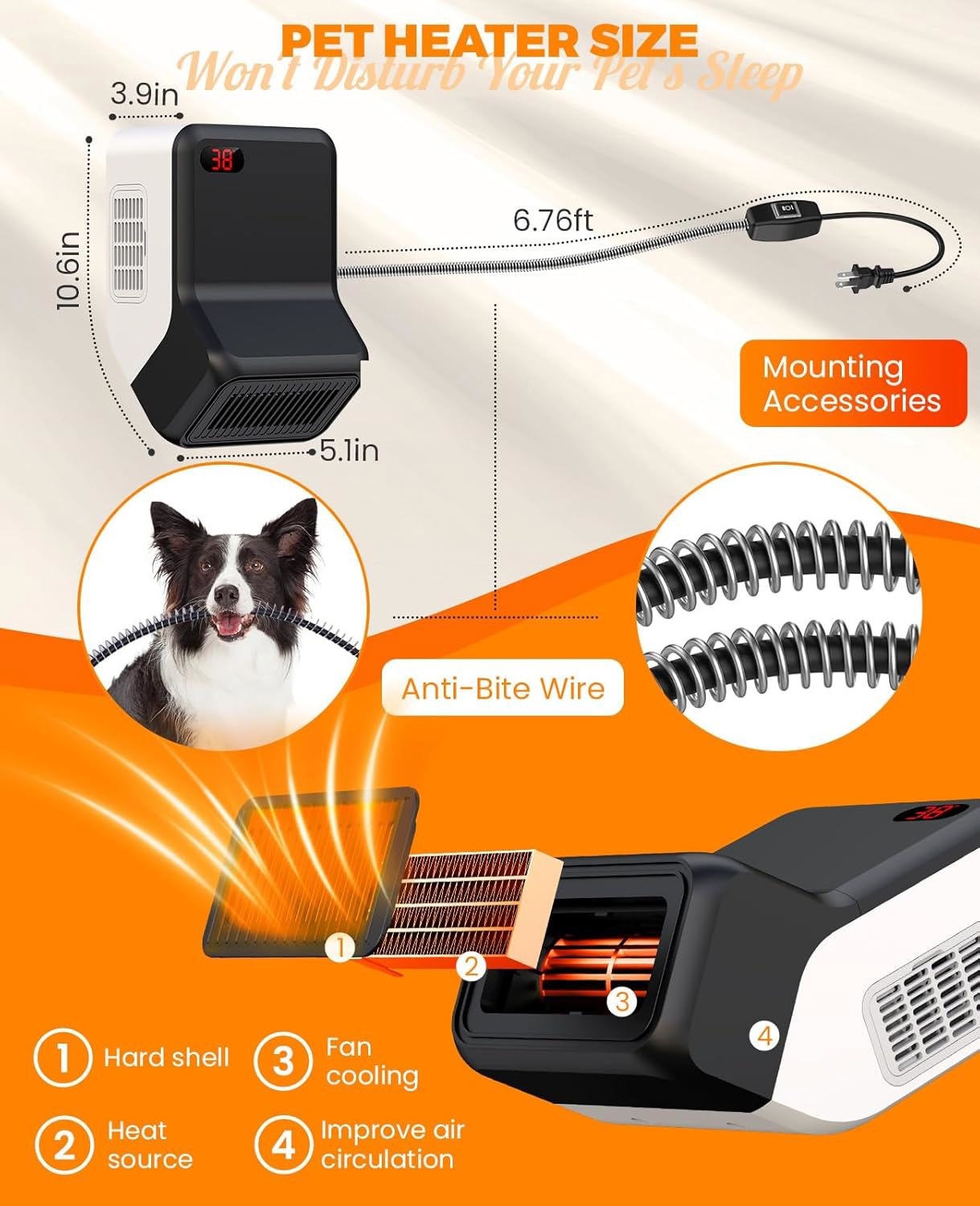 Thermostatic Dog Heater Pet House Wall-Mounted Warmer W/ Anti-Bite Wires 600W