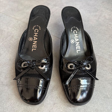 CHANEL Coco Mark Ribbon Mule Pumps Black Leather Suede Sz US6 EU36 Women s