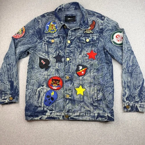 NovaMen Mens Acid Wash Denim Trucker Jacket Multi Patch Blue XL DN-21-FN - product listing photo