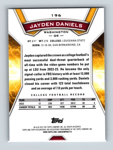 2024 Topps Resurgence Jayden Daniels #196 Washington Commanders - Afbeelding 2 van 2