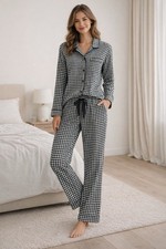 LAKE Cotton Flannel Pajama Set Green Checkered Gingham Women's Size M