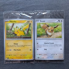 Pikachu & Eevee Pokemon together promo cards. Stamped. BNIP. 025 & 133 / 165