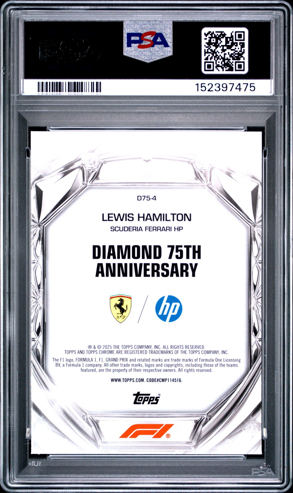 2025 TOPPS CHROME FORMULA 1 DIAMOND 75TH ANNIVERSARY LEWIS HAMILTON PSA 10 view 2