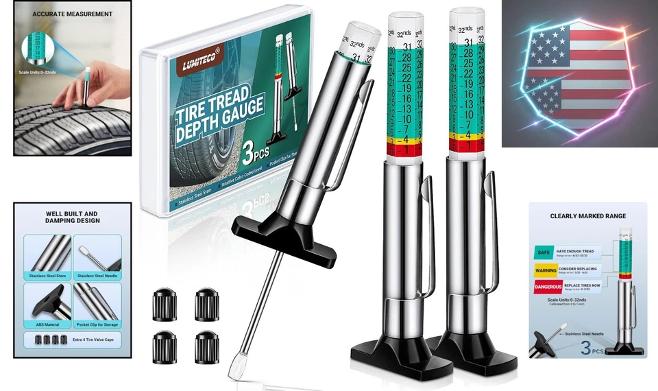 Universal Tire Tread Depth Checker - 3-Pack with Color Alerts for Safety - Изображение 2 из 4