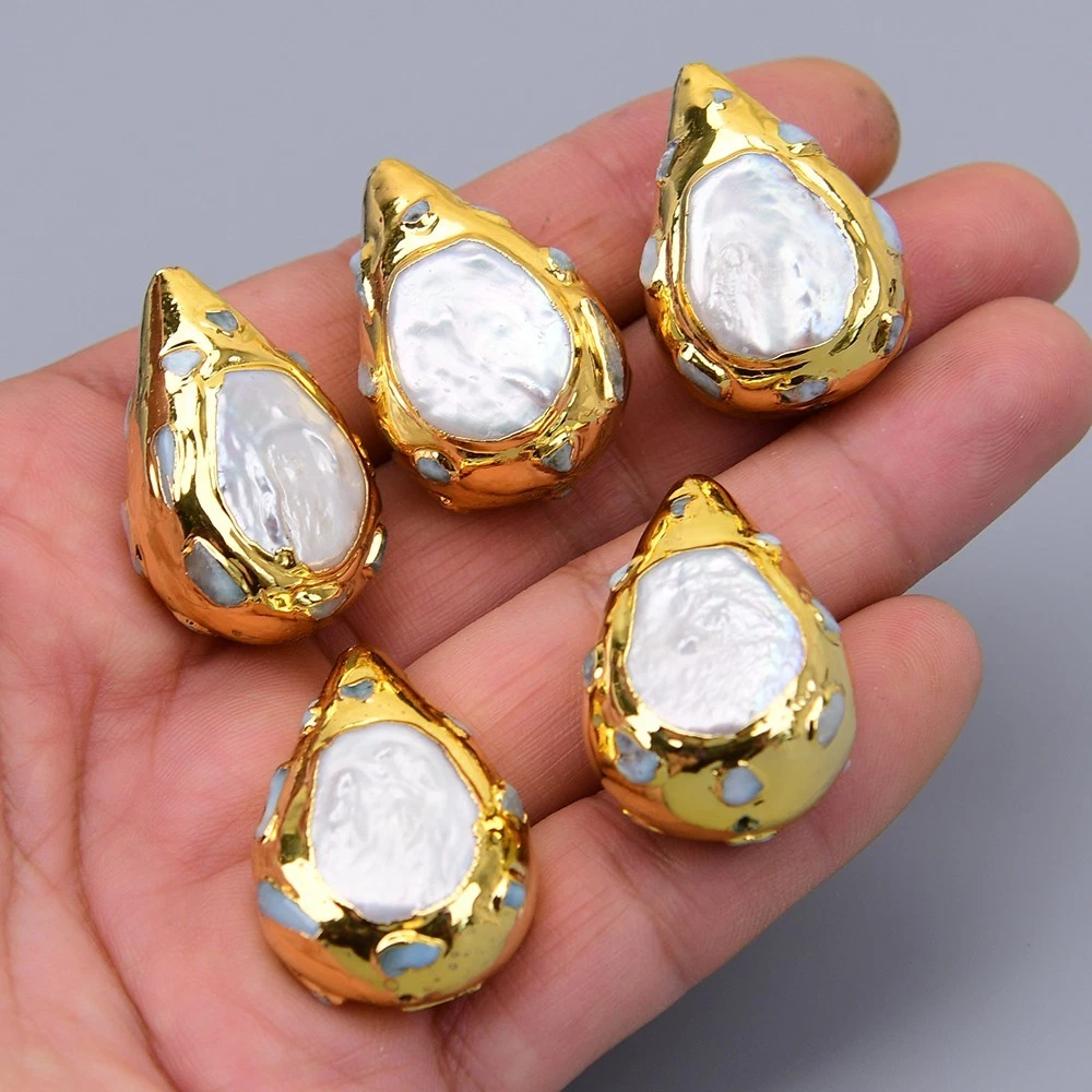 5 Pcs Cultured White Pearl Blue Larimar Bezel Sets Teardrop Loose Pendant Beads