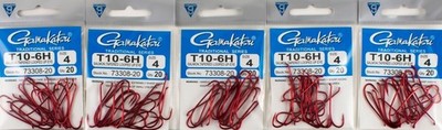 (LOT OF 5) GAMAKATSU T10-6H SALMON TAPERED LOOPED UP-EYE SIZE 4  ( 100 Hooks )