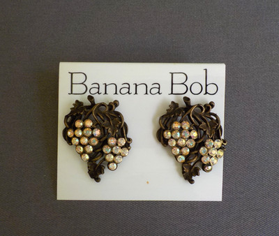 Vintage Banana Bob Grapes Earrings Pierced Dark Metal Rhinestones New Backs