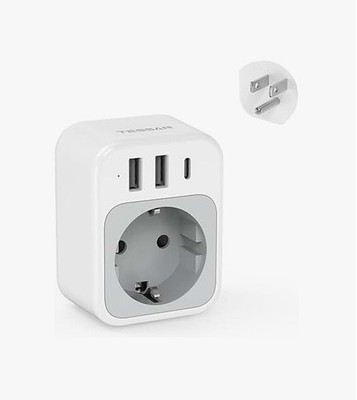 TESSAN EU to US Plug Adapter 1 AC Outlet and 3 USB Ports (1 USB C; 2 USB A) New