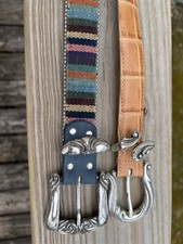 Vtg Belt Bundle Lot Coldwater Creek Tan Leather Western Silver Colorful Stripes