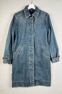 Vintage GAP Denim Trench Coat Womens M Long Button Up Jean Fall Jacket 2002 Y2K