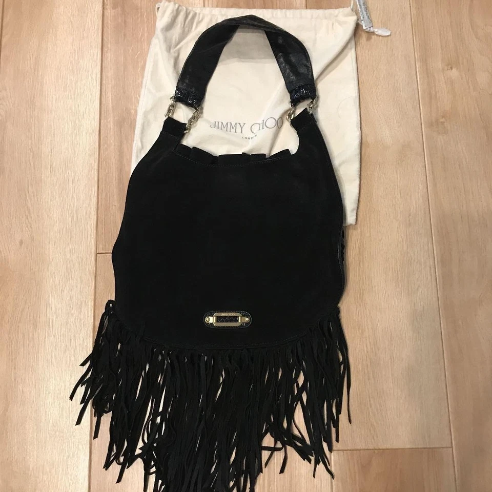 Usado Jimmy Choo TALLY Negro Gamuza Flecos Cadena Bolso Ligero Uso Foto 3 de 4