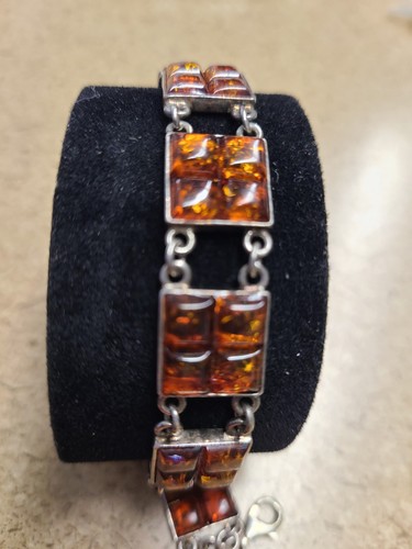 7.5" Sterling Silver Amber Panel Bracelet 34.9 Grams
