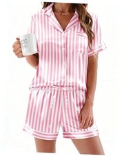 Womens Silk Satin Pajamas Sets 2 Piece Short Sleeve Sleepwear Large Pink