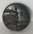 A Gorgeous Big Chinese Bronze Or Copper Medal Showing Temples Wall And Deities