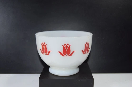 Vintage Fire-King Ware Milk Glass "Cottage Cheese" Bowl Red Tulip Pattern