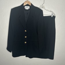Oleg Cassini Black Skirt Suit Gold Buttons Lined Classic Womens Sz 12 Vintage