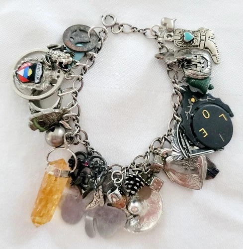 Vintage Sterling Silver 27 Charm Bracelet Heart Hat Ring Boot Shamrock